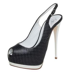 Pre Owned Giuseppe Zanotti Black/White Lather Peep Toe Slingback Sandals Size 36