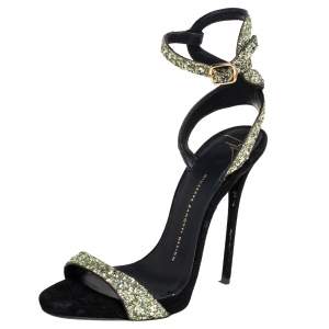 Pre Owned Giuseppe Zanotti Black/Green Glitter Open Toe Ankle Strap Sandals Size 37