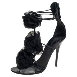 Pre Owned Giussepe Zanotti Black Leather And Organza Floral Detail Strappy Sandals Size 36