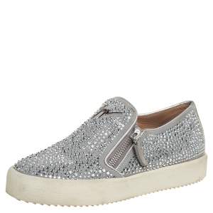 Pre Owned Giuseppe Zanotti Grey/Silver Crystal Embellished Suede And Leather May London Slip On Sneakers Size 38