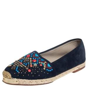 Pre Owned Giuseppe Zanotti Navy Blue Suede Embellished Flat Espadrilles Size 39 