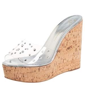 Pre Owned Giuseppe Zanotti Silver PVC Crystal Embellished Platform Wedge Slide Sandals Size 38.5