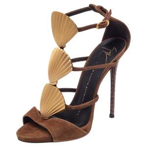 Pre Owned Giuseppe Zanotti Brown Suede Seashell Embellished Ankle Strap Sandals Size 36