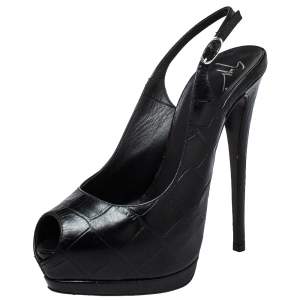 Pre Owned Giuseppe Zanotti Black Croc Embossed Leather Peep Toe Slingback Platform Sandals Size 39