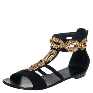 Pre Owned Giuseppe Zanotti Black Suede Embellished Sandals  Size 38