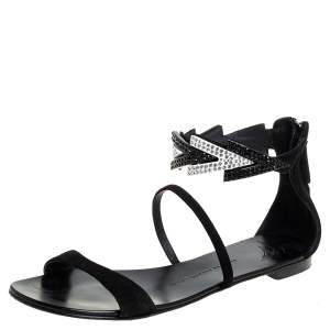 Pre Owned Giuseppe Zanotti Black Suede Embellished Flat Ankle Strap Sandals Size 39