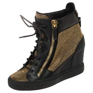 Pre Owned Giuseppe Zanotti Black Leather Studded High Top Wedge Sneakers 36.5