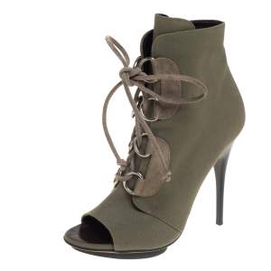 Pre Owned Giuseppe Zanotti Green Canvas Lace Up Peep Toe Booties Size 38