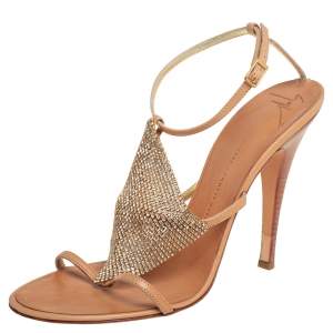 Pre Owned Giuseppe Zanotti Tan Leather Crystal Embellished  Sandals Size 41