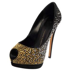 Pre Owned Giuseppe Zanotti Black Suede Crystal Embellished Liza Peep Toe Platform Pumps Size 36