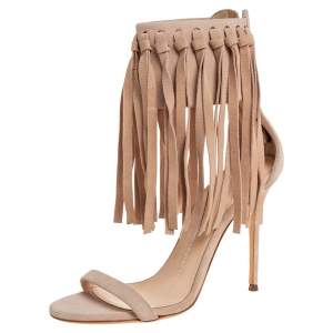 Pre Owned Giuseppe Zanotti Beige Suede Fringe Open Toe Ankle Wrap Sandals Size 36
