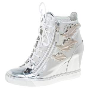 Pre Owned Giuseppe Zanotti Metallic Silver Leather Wings Double Zip Wedge Sneakers Size 40