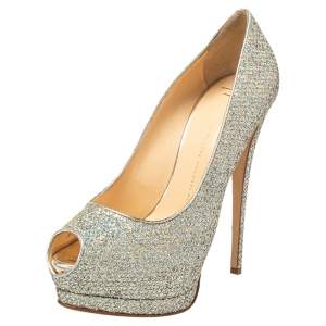 Giuseppe Zanotti Silver Glitter And Leather Sharon Peep Toe Platform Pumps Size 40