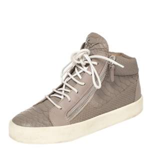 Pre Owned Giuseppe Zanotti Grey/Lilac Python Embossed Leather Double Zip High Top Sneakers Size 38
