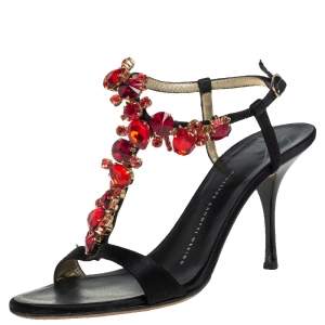 Pre Owned Giuseppe Zanotti Black Satin Crystal Embellished Ankle Strap Sandals Size 38