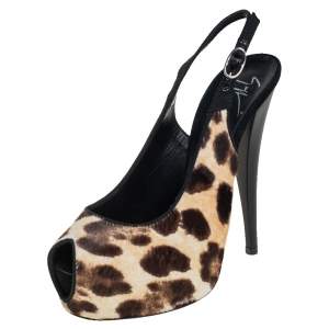 Pre Owned Giuseppe Zanotti Beige Leopard Print Pony Hair Slingback Peep Toe Pump Size 36.5