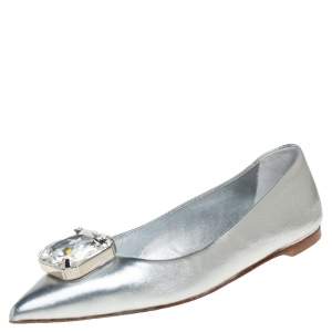 Pre Owned Giuseppe Zanotti Silver Leather Crystal Embellished Ballet Flats Size 40.5