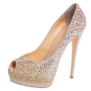 Pre Owned Giuseppe Zanotti Beige Crystal Embellished Suede Peep Toe Platform Pumps Size 39