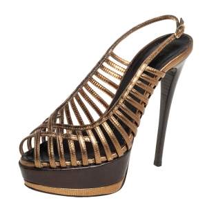 Pre Owned Giuseppe Zanotti Metallic Bronze Leather Strappy Peep Toe Platform Slingback Sandals Size 37
