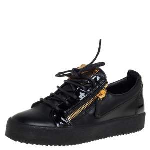 Pre Owned Giuseppe Zanotti Black Leather And Patent Leather Double Zipper May London Low Top Sneakers Size 38.5