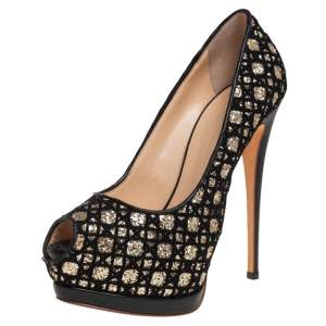 Pre Owned Giuseppe Zanotti Black Leather And Glitter Peep Toe Pumps Size 37