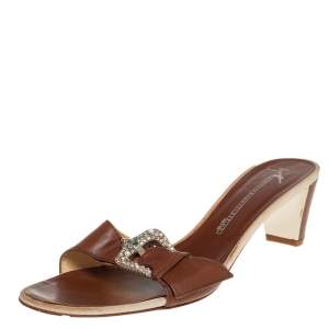 Giuseppe Zanotti Brown Leather Buckle Detail Slide Sandals Size 40