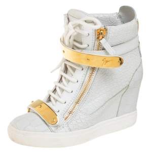 Pre Owned Giuseppe Zanotti White Croc Embossed Leather High Top Wedge Sneakers Size 37