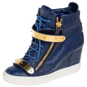 Pre Owned Giuseppe Zanotti Blue Croc Embossed Leather Lorenz Wedge High Top Sneakers Size 40