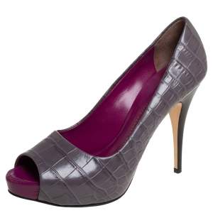 Pre Owned Giuseppe Zanotti Grey Croc Embossed Peep Toe Platform Pumps Size 40