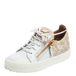 Pre Owned Giuseppe Zanotti White/Cream Velvet And Leather Frankie Low Top Sneakers Size 36
