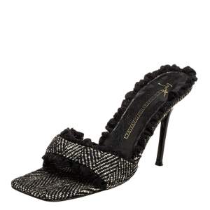 Pre Owned Giuseppe Zanotti Black Vintage Fabric Square Toe Sandals Size 37