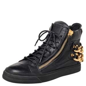 Pre Owned Giuseppe Zanotti Black Leather Chain Embellished Low Top Sneakers Size 38