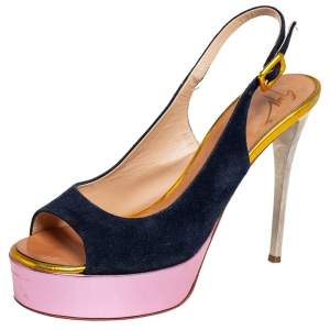 Pre Owned Giuseppe Zanotti Multicolor Suede And Leather Peep Toe Platform Slingback Sandals Size 38.5