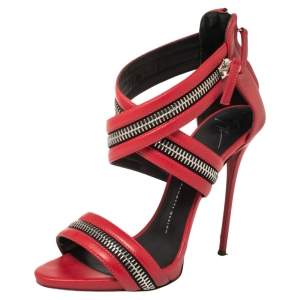 Pre Owned Giuseppe Zanotti Red Leather Zipped Detail Sandals Size 40