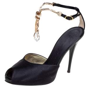 Pre Owned Giuseppe Zanotti Black Satin Crystal Embellished Peep Toe Ankle Strap Sandals Size 36
