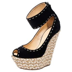 Pre Owned Giuseppe Zanotti Black Suede Peep Toe Wedge Espadrille Ankle Wrap Sandals Size 37