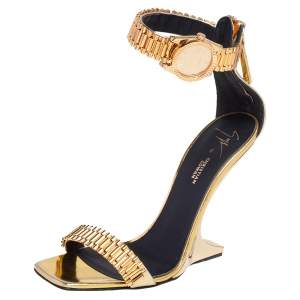 Pre Owned Giuseppe Zanotti Gold Leather Gzxcowan Ankle Strap Sandals Size 37