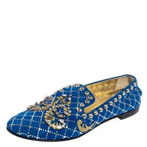 Pre Owned Giuseppe Zanotti Blue Suede Studded Smoking Slippers Size 39