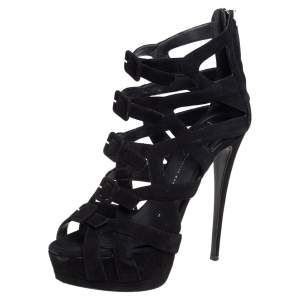Pre Owned Giuseppe Zanotti Black Suede Buckle Detail Platform Cage Sandals Size 40