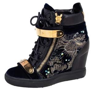 Pre Owned Giuseppe Zanotti Black Leather and Velvet Embroidered Lorenz Wedge Sneakers Size 36