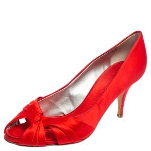 Pre Owned Giuseppe Zanotti Red Satin Criss Cross Peep Toe Pumps Size 38.5