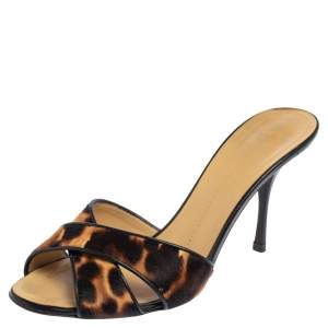 Pre Owned Giuseppe Zanotti Brown/Black Pony Hair And Leather Slide Sandals Size 39