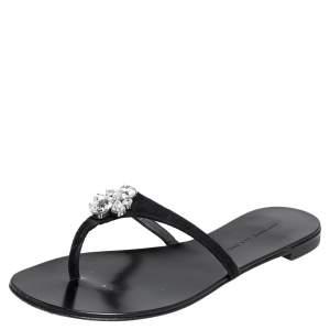 Pre Owned Giuseppe Zanotti Black Suede Crystal Embellished Thong Flats Size 38