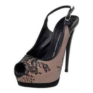 Pre Owned Giuseppe Zanotti Black/Beige Floral Lace And Patent Leather Peep Toe Platform Slingback Sandals Size 38.5