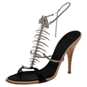 Pre Owned Giuseppe Zanotti Black Satin Crystal Encrusted Fish Bone Embellished Sandals Size 39