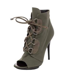 Pre Owned Giuseppe Zanotti Green Canvas And Suede Lace Up Peep Toe Booties Size 38.5