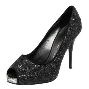 Pre Owned Giuseppe Zanotti Black Glitter Sharon Peep Toe Pumps Size 37.5