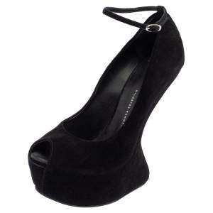 Pre Owned Giuseppe Zanotti Black Suede Heelless Peep Toe Platform Pumps Size 39