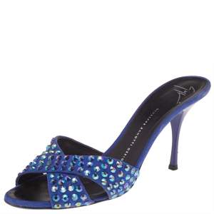 Pre Owned Giuseppe Zanotti Blue Suede Embellished Slide Sandals Size 40