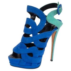 Giuseppe Zanotti Blue Suede Cutout Caged Slingback Sandals Size 38